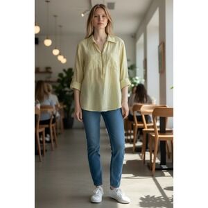Anne Klein Women's Yellow Metallic Stripe 1/2 Zip Blouse Roll Tab Sleeve Size M